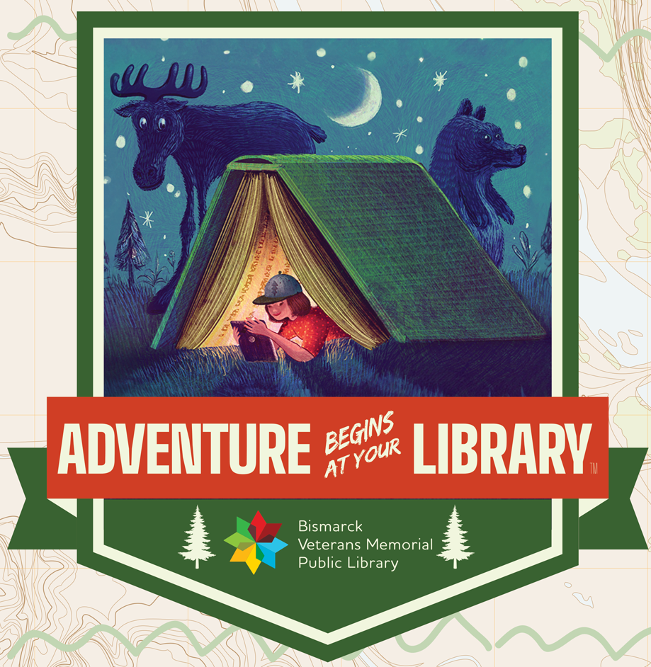 Girl reading inside a tent shaped like a book with a moose and a bear in a nighttime background.