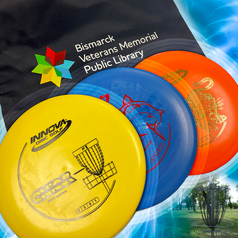 Three discs and a carrying back with a blue sky background