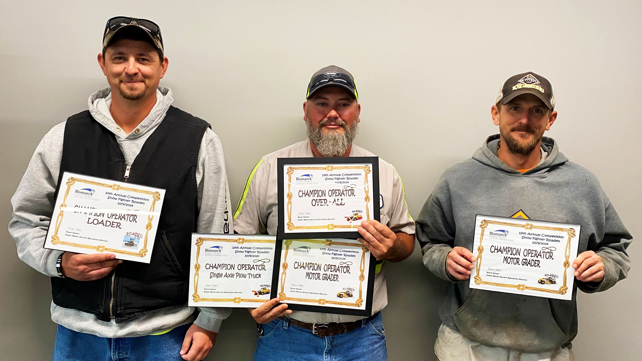 Ben Goss, Josh Ficek and Jared Shwab won events at the 2024 Public Works Roadeo. 