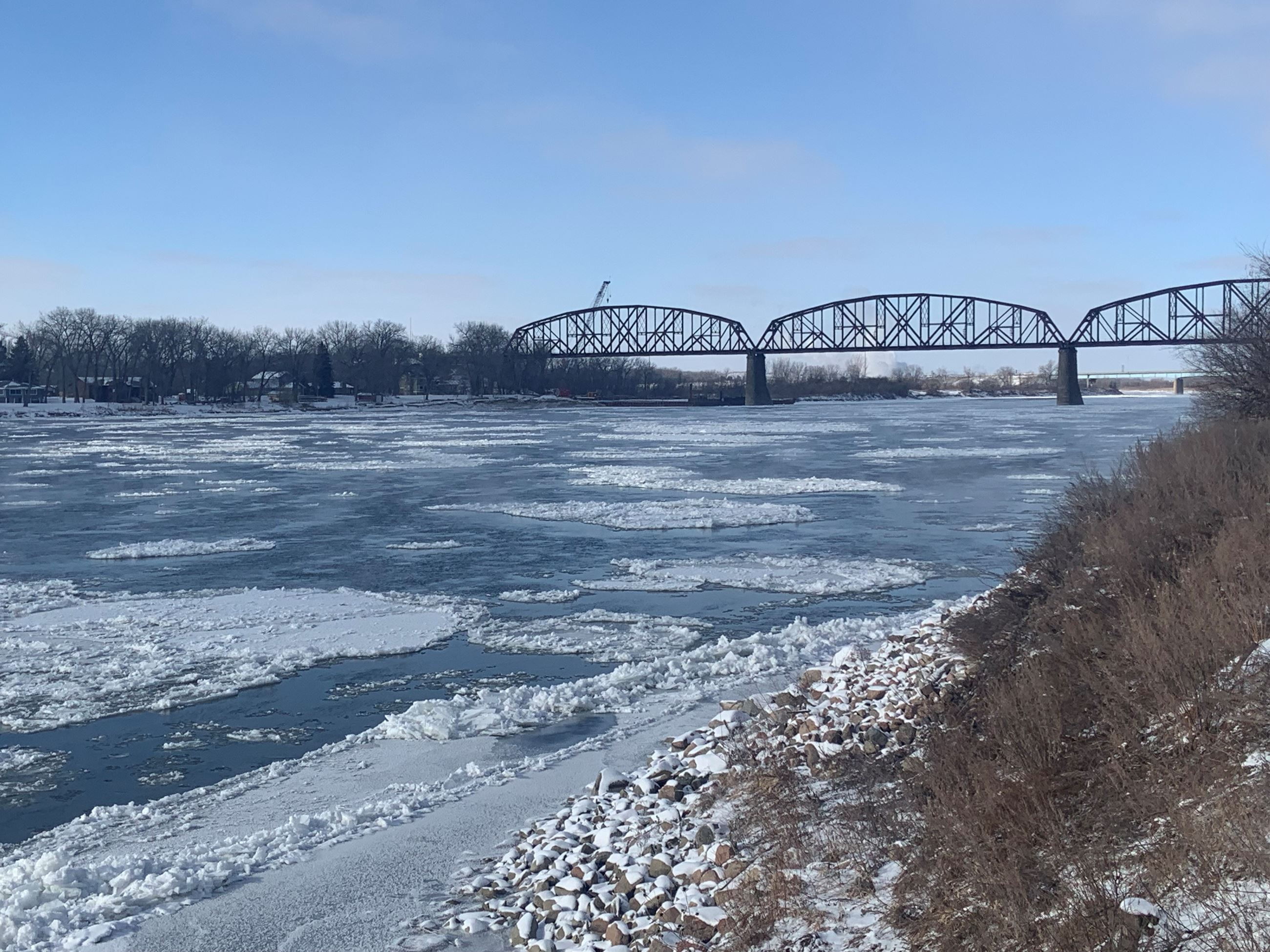 An ice jam begins to form on the Missouri River. 