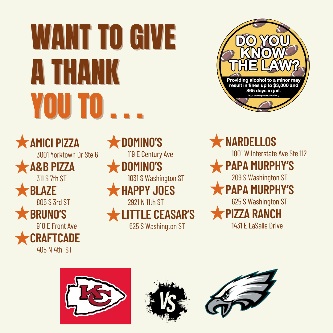 Bismarck-Burleigh Public Health thanks the pizza shops who helped with the Sticker Shock Project.