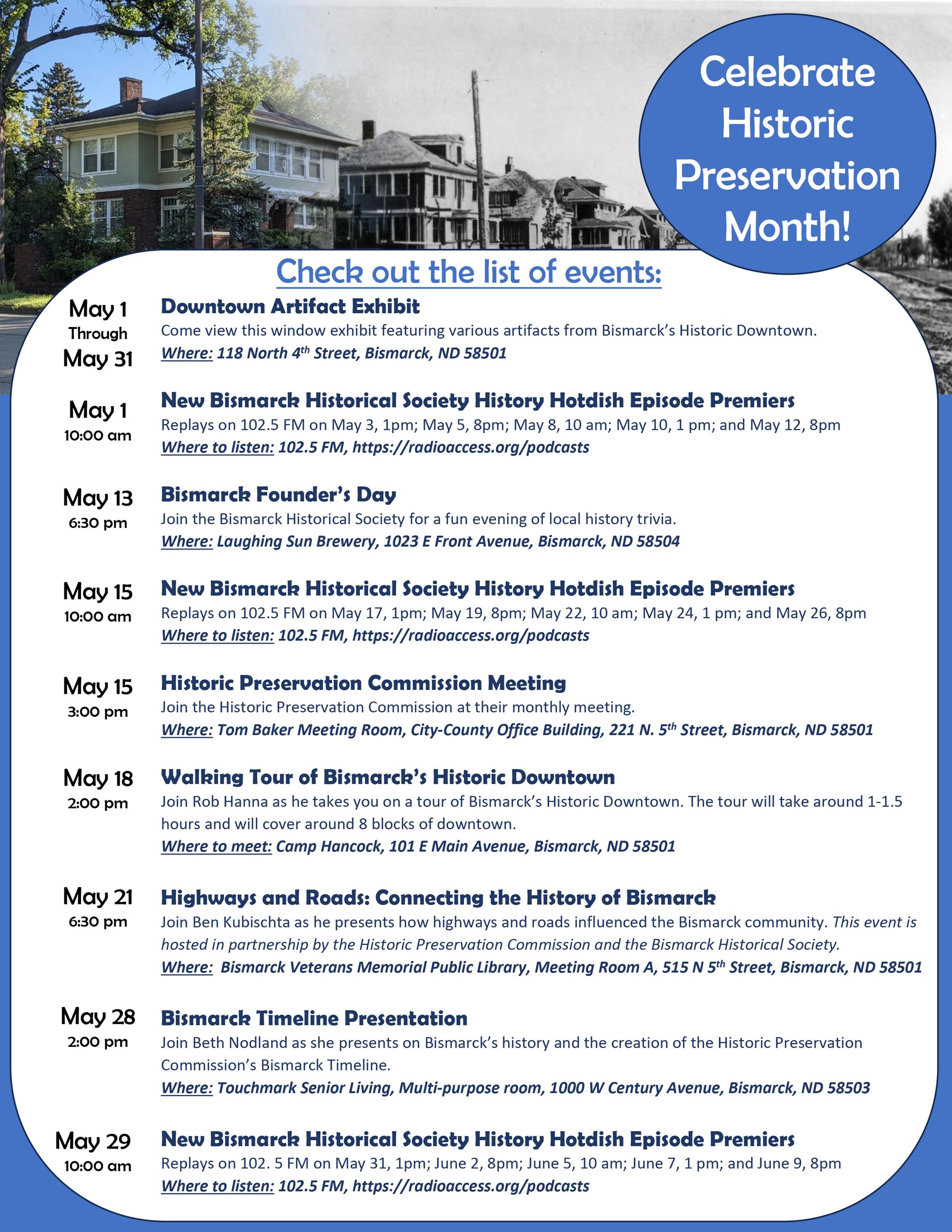 A list of activities in May 2024 celebrating Bismarck's history. Follow hyperlink to visit the PD