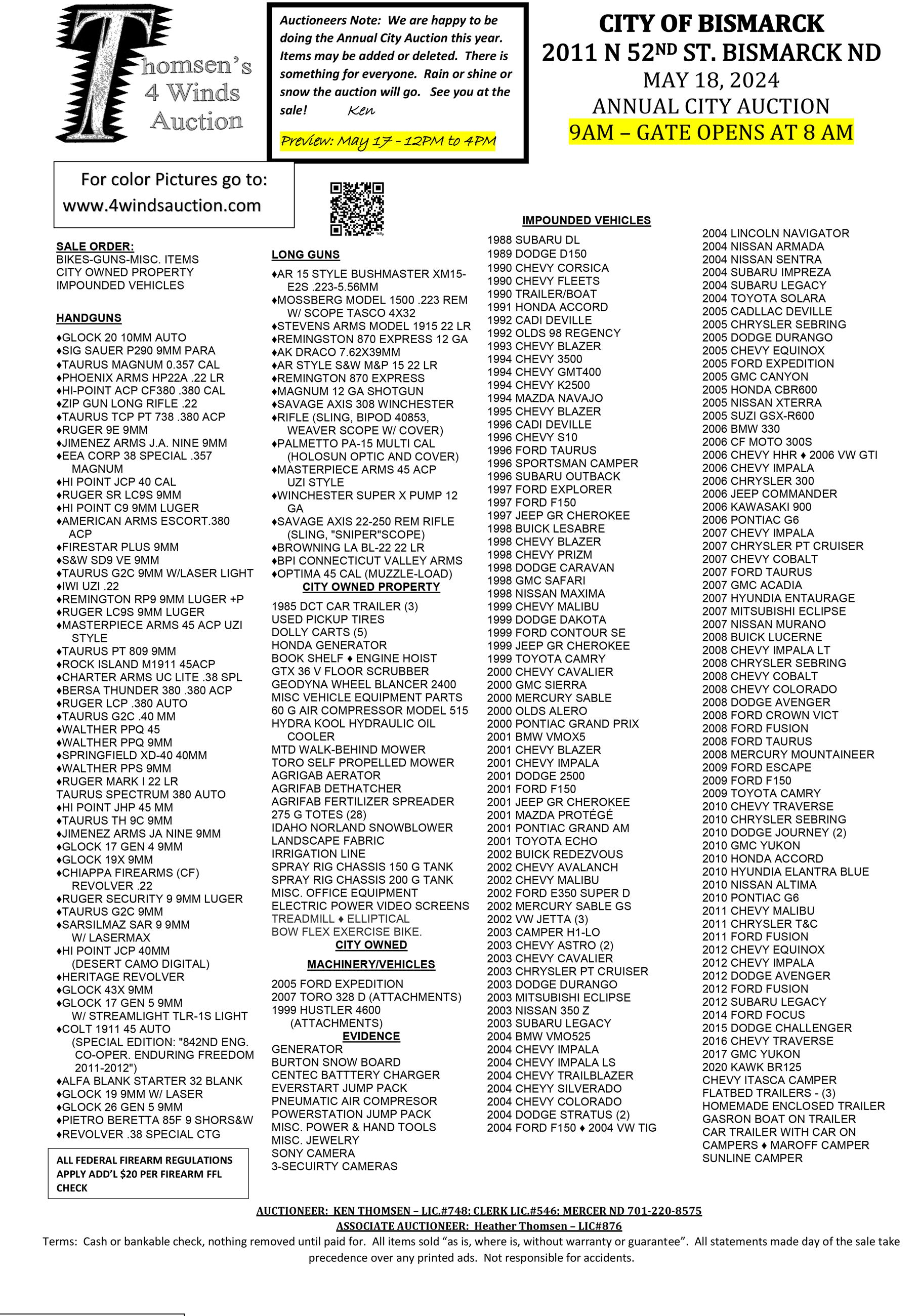 List of items to be sold at the 2024 May Bismarck City Auction