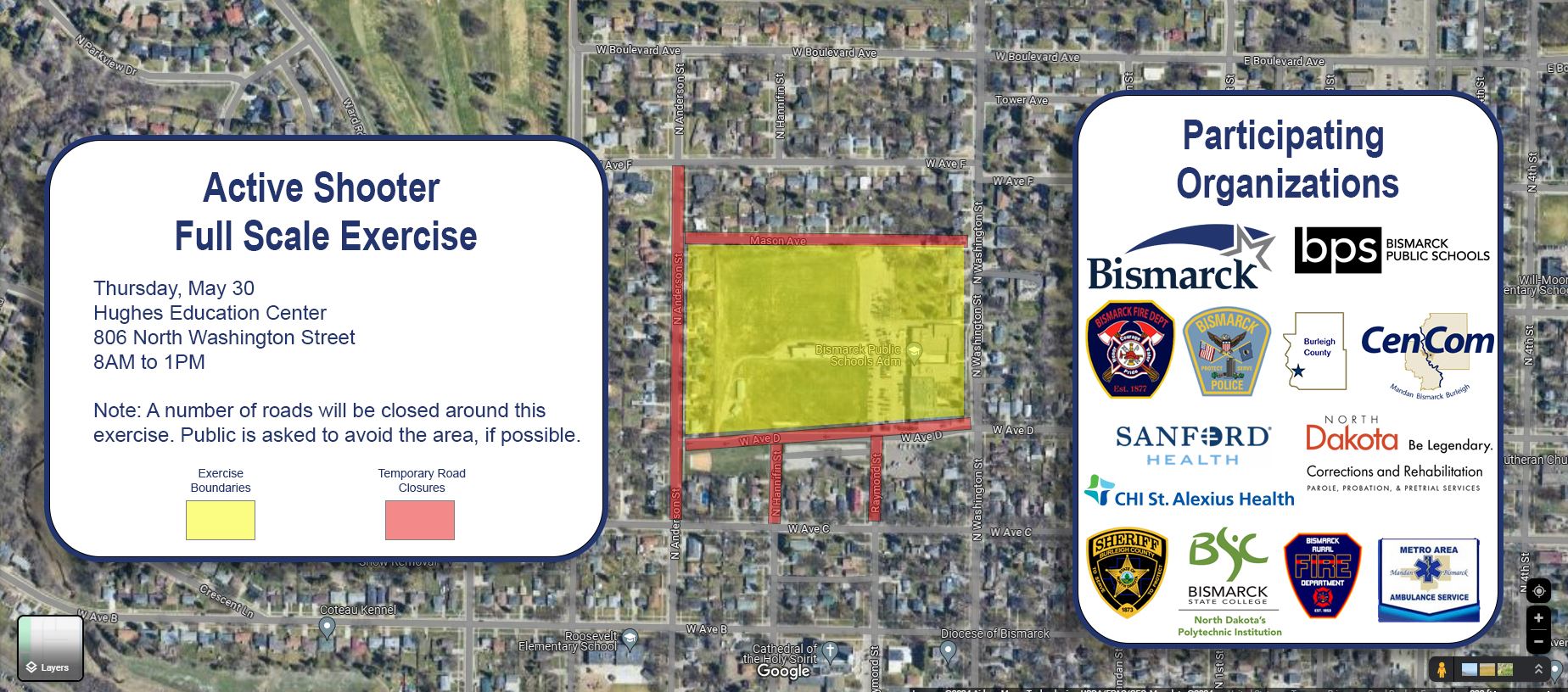 This graphic shows participating entities, training perimeter and temporarily closed roads impacted.