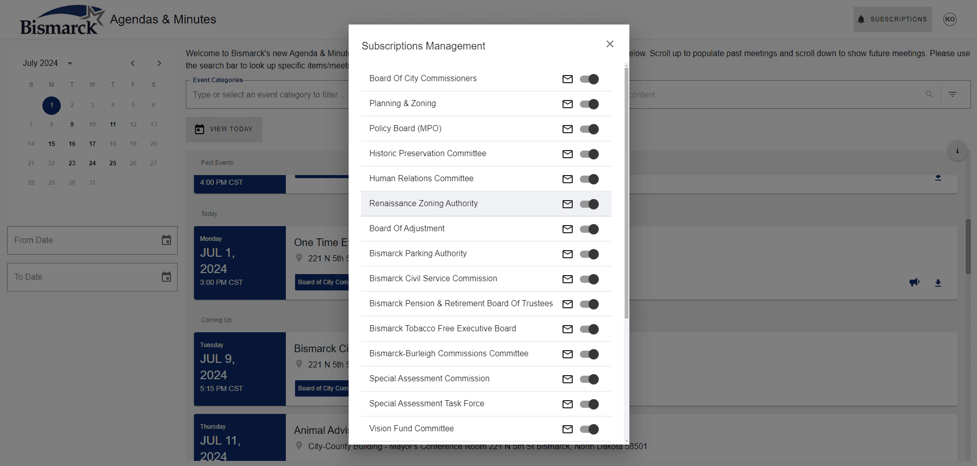 A listing of the Agenda Center offerings available through the City of Bismarck. 