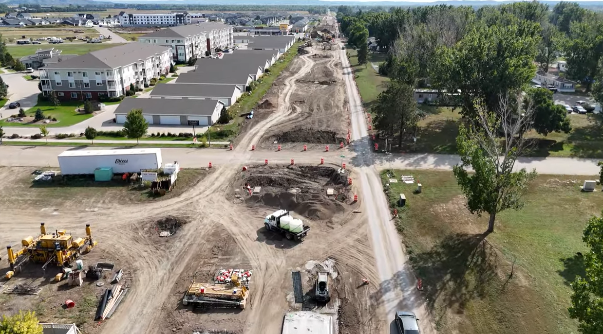 A drone shows progress of construction along South Washington Street on September 14, 2024