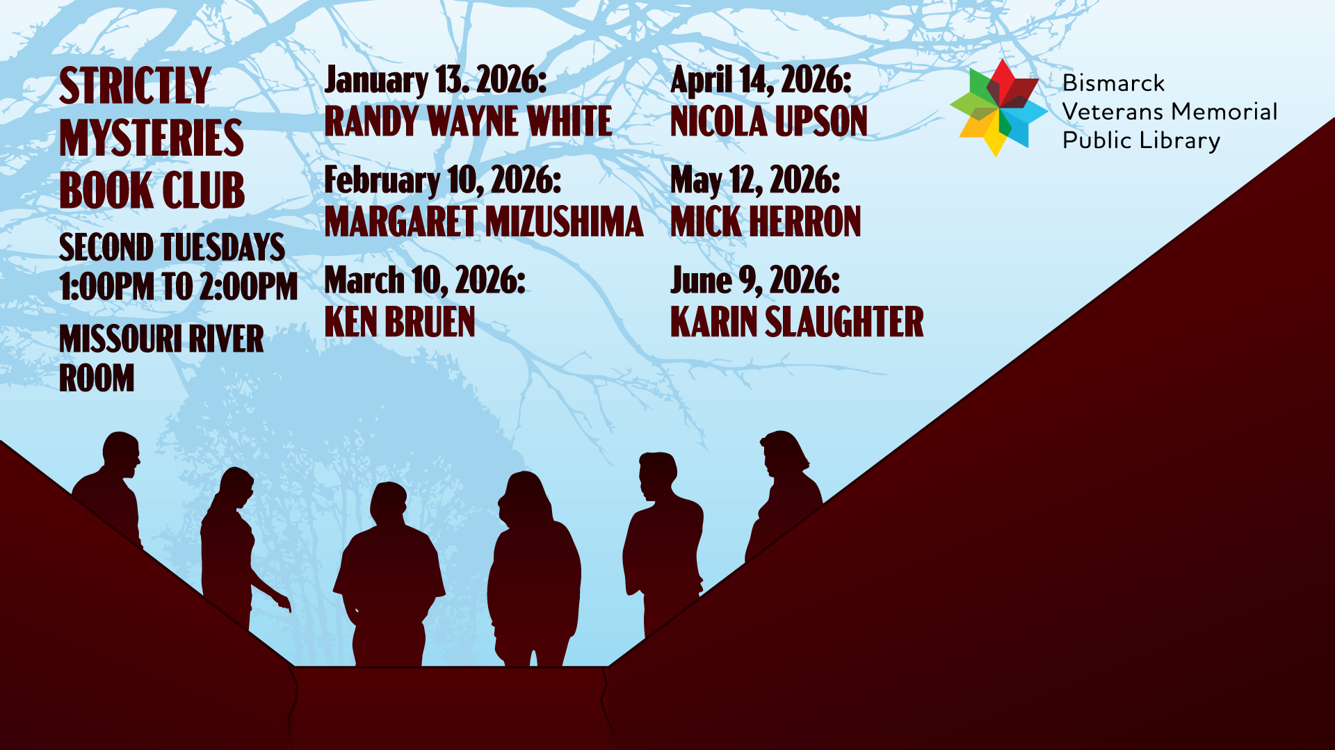 Strictly Mysteries Book Club January through June, 2026, with event details and author images.